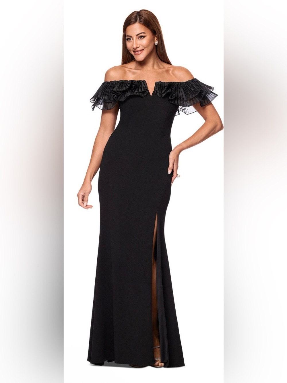 XSCAPE BLACK Ruffled Off-The-Shoulder Side-Slit LONG Gown. Size 6. NWT.